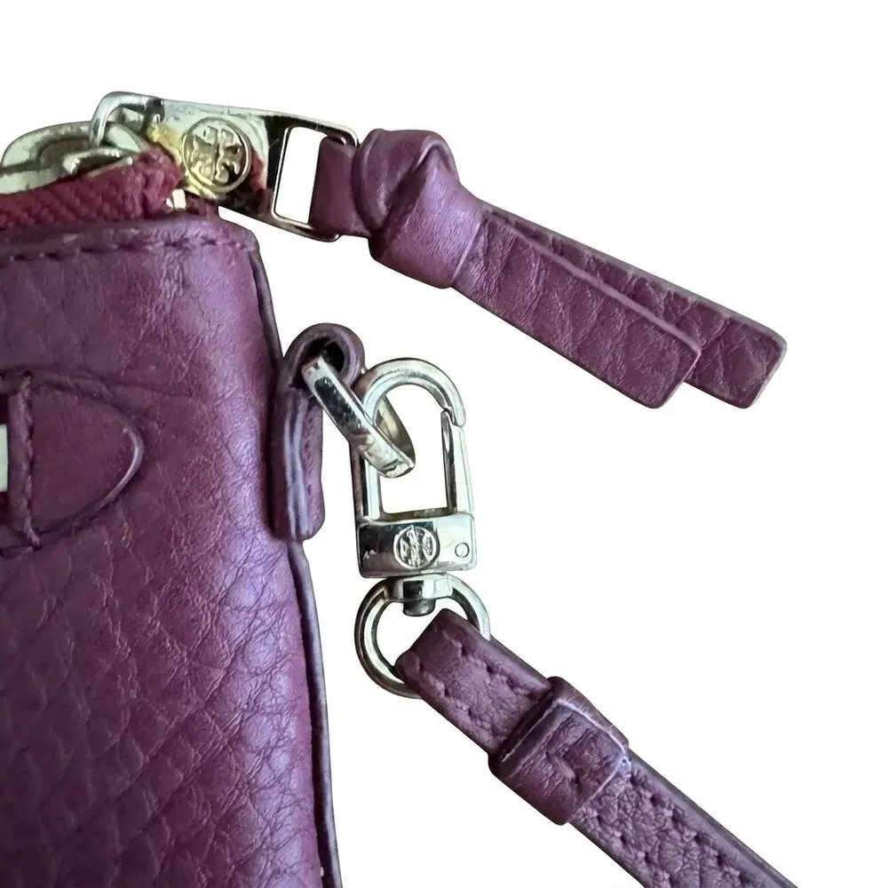 Tory Burch burgundy pebbled, leather large wristlet wallet zip clutch 6 x 8 GHW